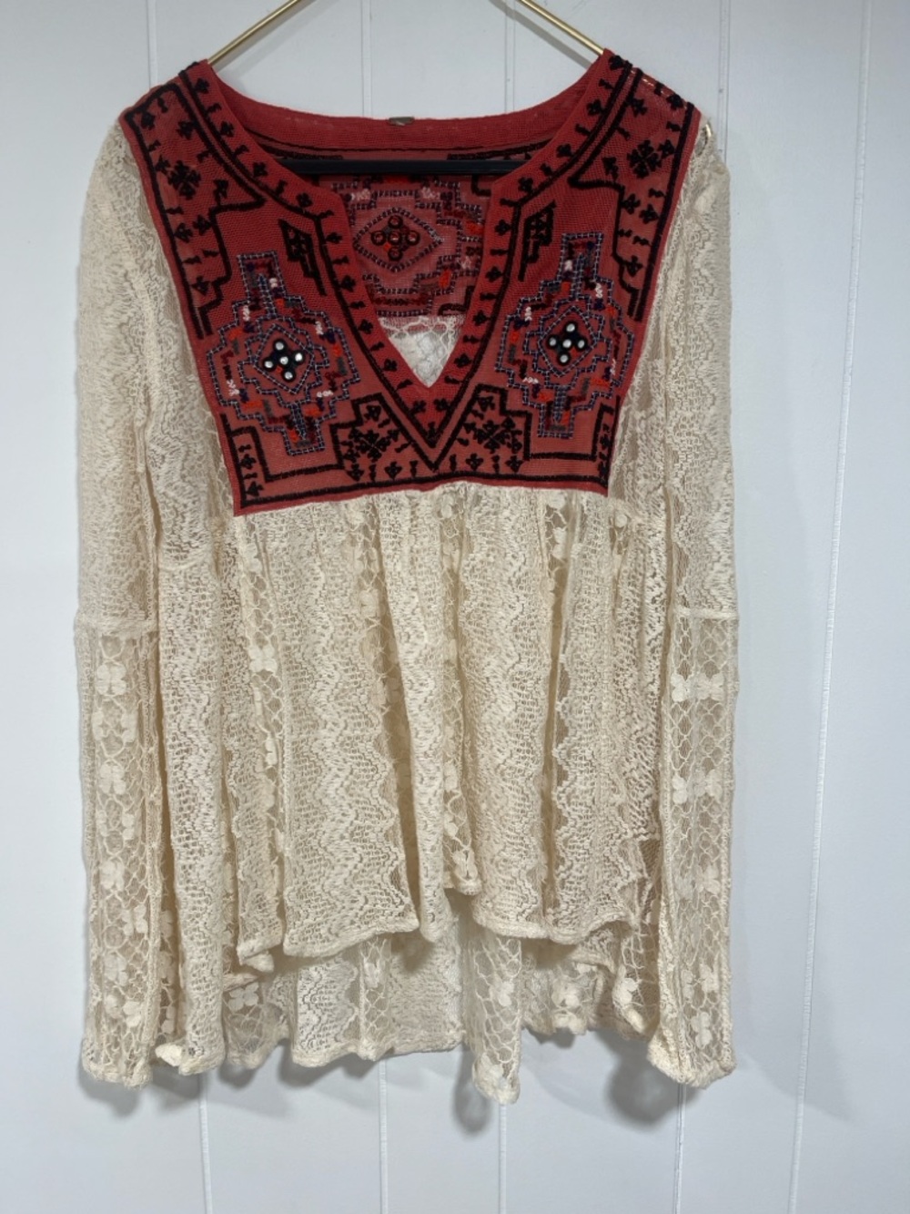 Free People Casablanca Embroidered Lace Boho Tunic Top Festival Bell Sleeve S - Picture 5 of 11